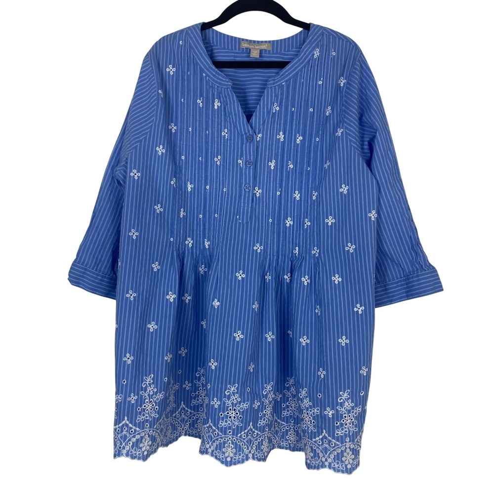Woman Within Tunic Women 14/16 M Blue 3/4 Sleeve Striped Eyelet Cotton Babydoll